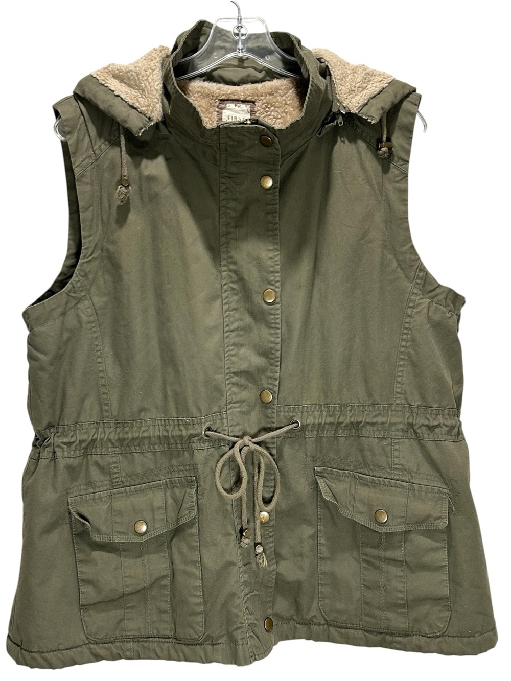 First Look Women’s Army Green Vest w/ Faux Fur Lining, Detachable Hood - Size 1X